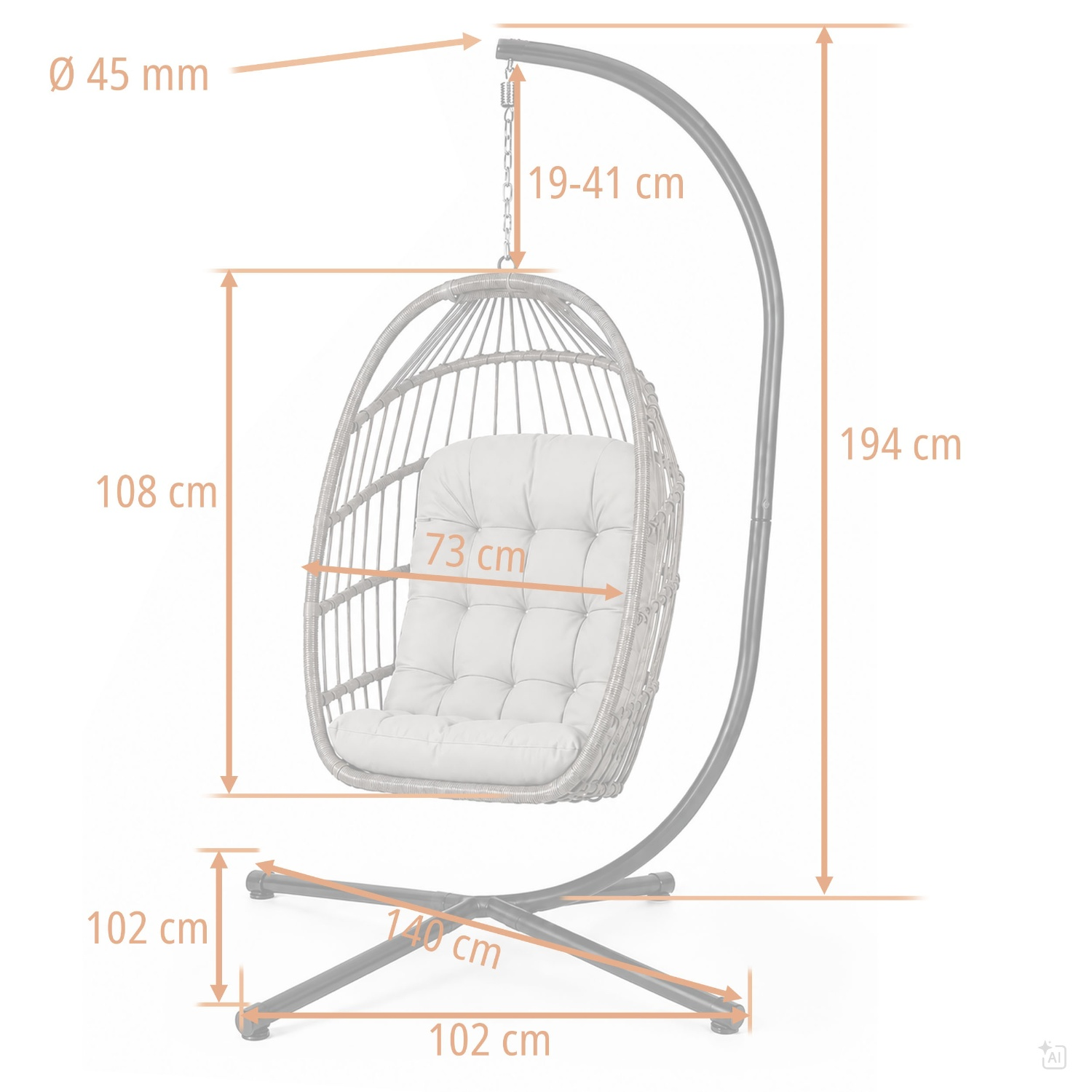 Diagram wiszącego fotela ze stelażem i wymiarami.