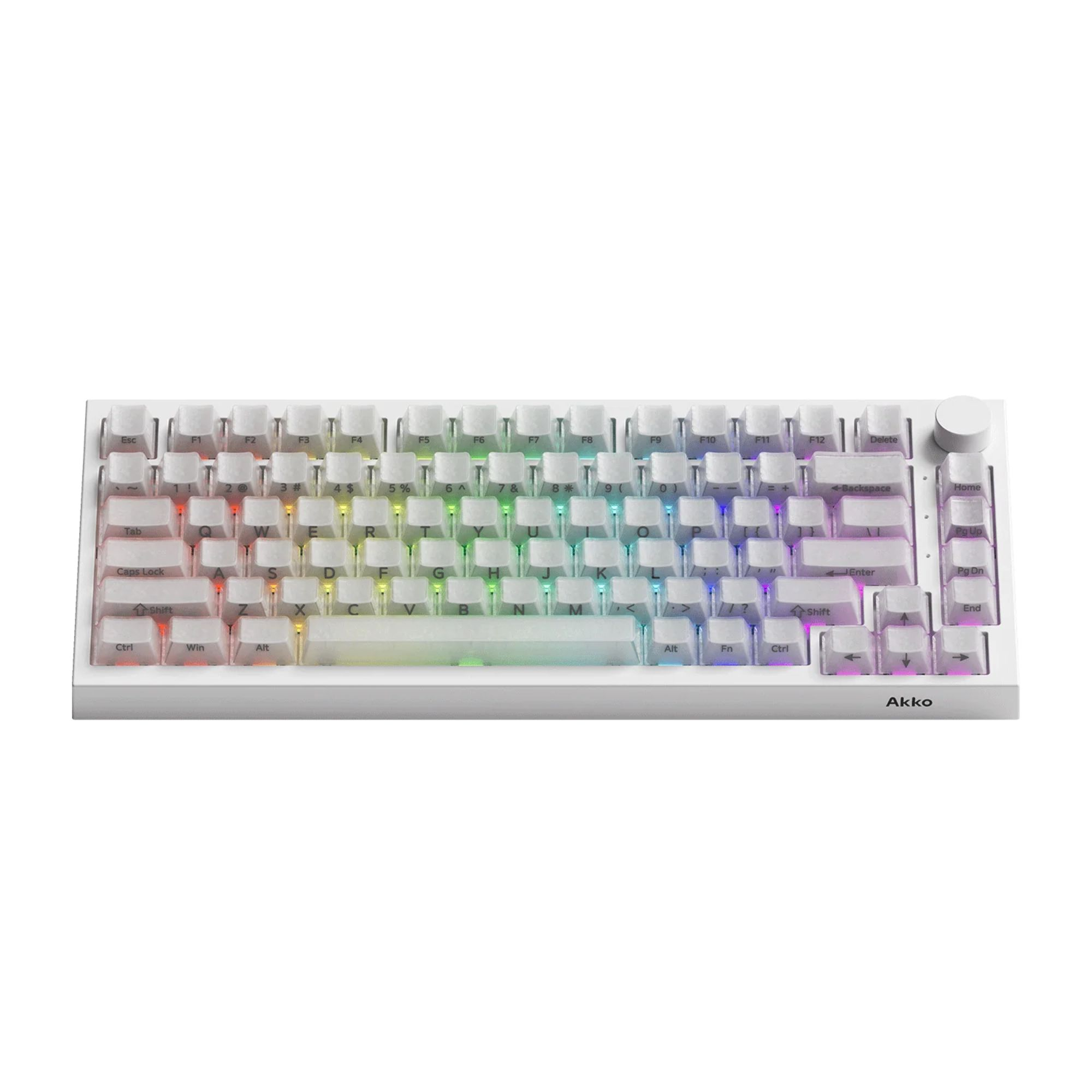 Biała klawiatura mechaniczna z podświetleniem RGB i logo Akko.