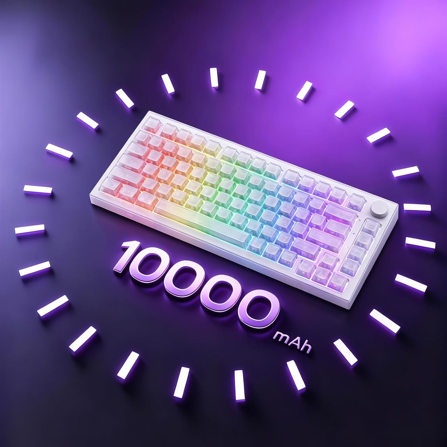 Biała klawiatura RGB na fioletowym tle, otoczona promieniami światła, z napisem 10000 mAh.