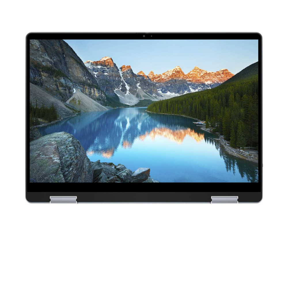 Laptop wyświetla tapetę przedstawiającą jezioro górskie, ośnieżone szczyty i gęsty las iglasty.