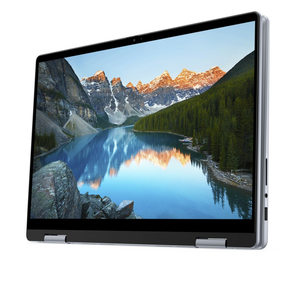 Srebrny laptop wyświetla na ekranie żywy obraz przedstawiający góry i jezioro.