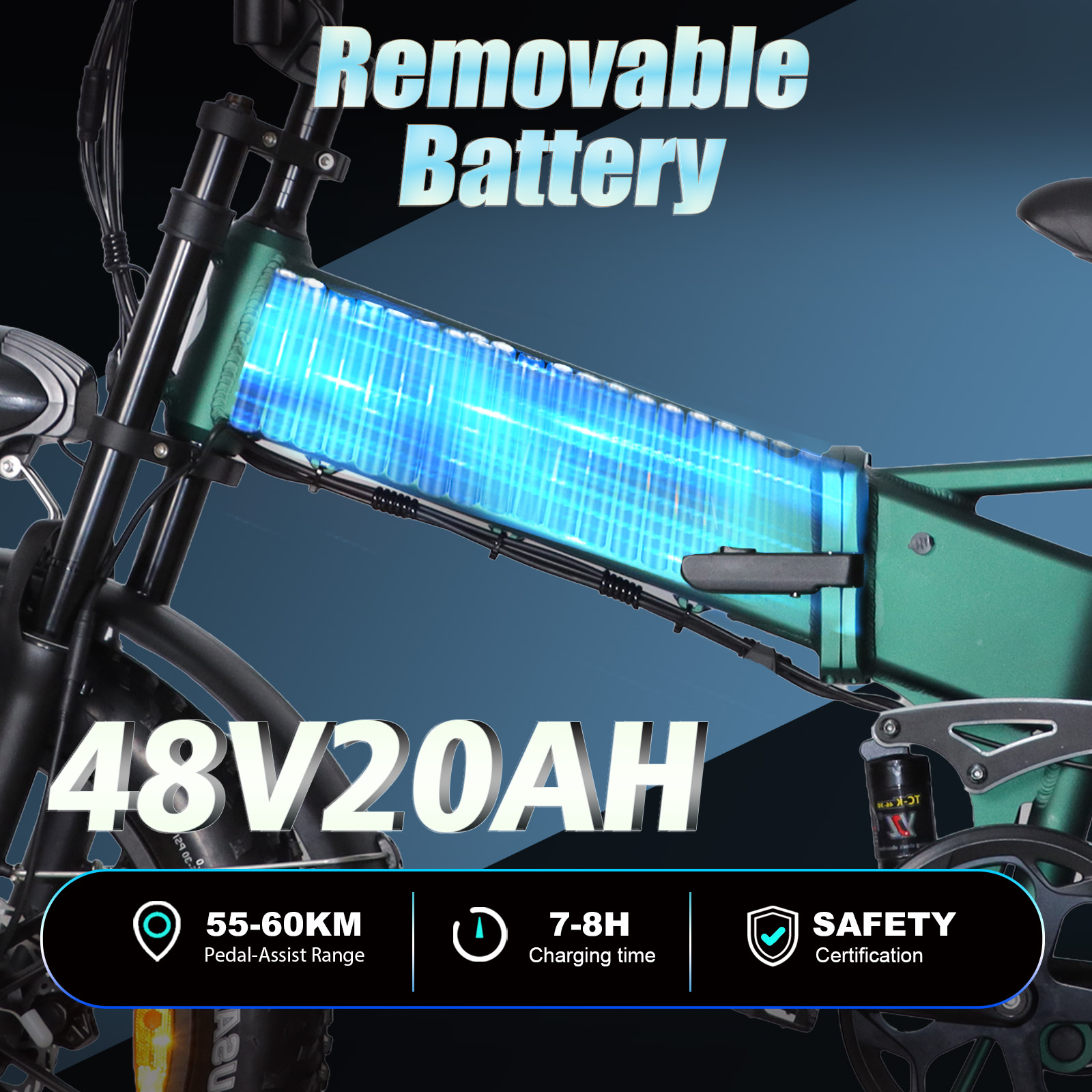 Zielony e-rower z wyjmowaną baterią 48V20AH, zasięgiem 55-60km, ładowaniem 7-8h i certyfikatem bezpieczeństwa.