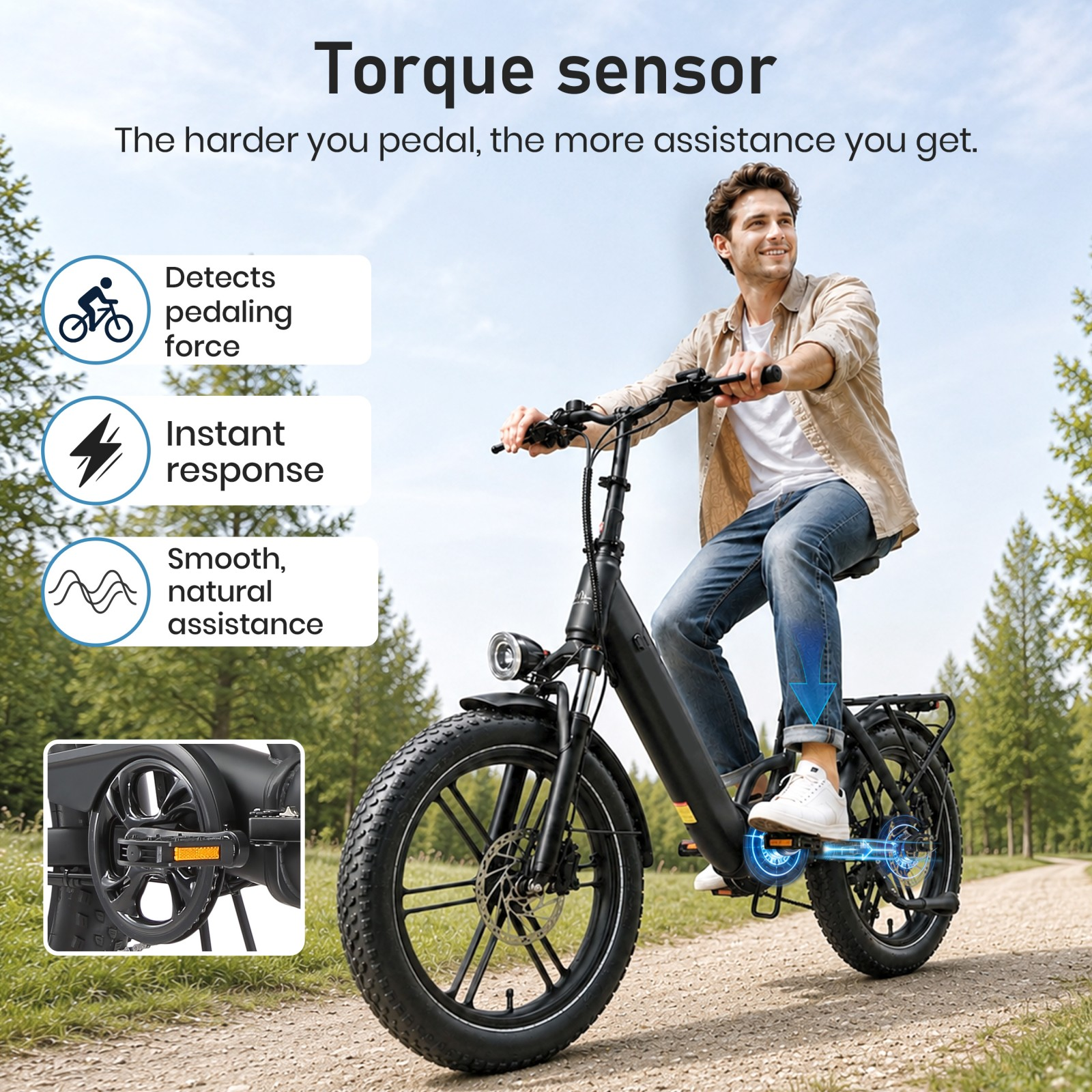 Mężczyzna jedzie na czarnym rowerze elektrycznym leśną ścieżką z grafikami czujnika.