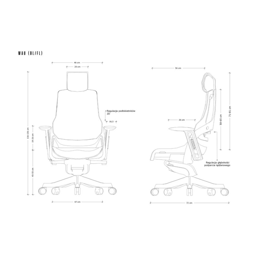 Rysunek techniczny krzesła ergonomicznego z przodu i z boku z wymiarami w centymetrach.