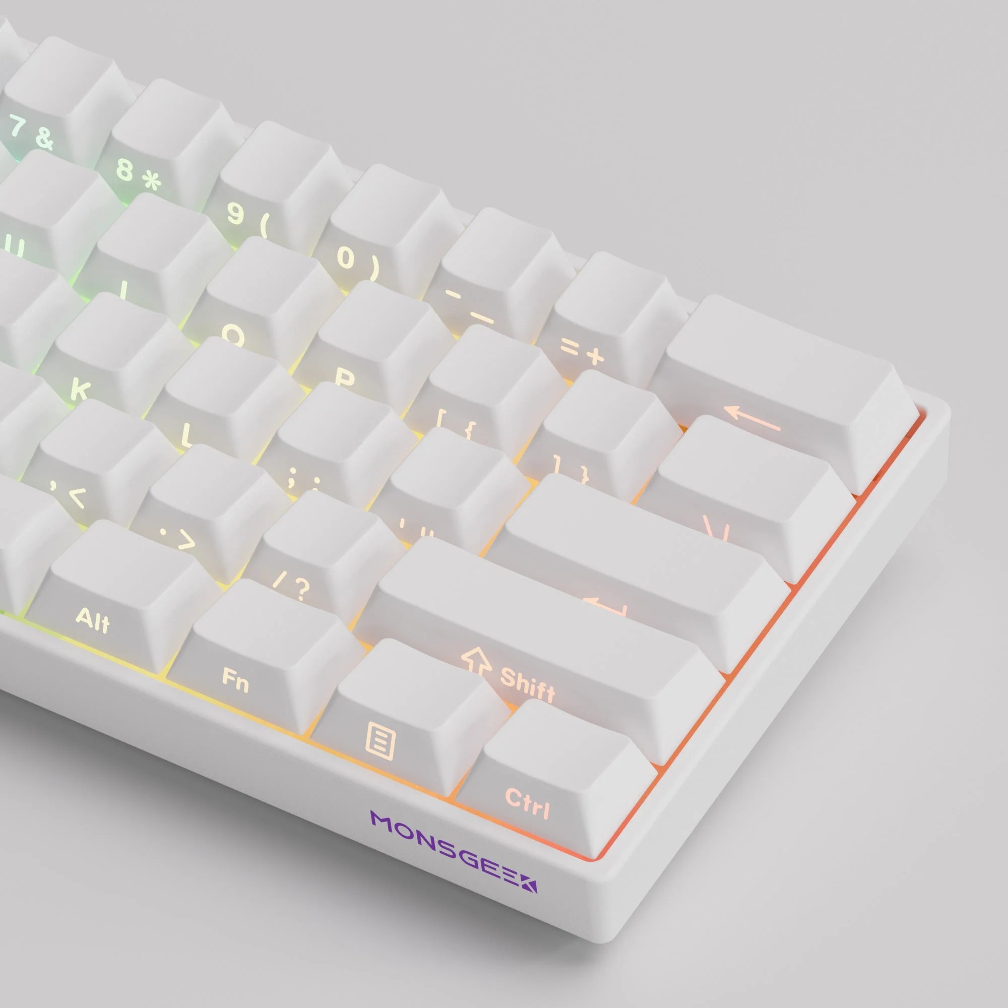 Biała klawiatura mechaniczna z podświetleniem RGB i logo MonsGeek na szarym tle.