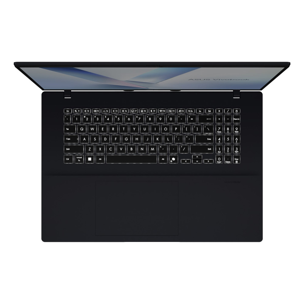 Czarny laptop widziany od góry, z podświetlaną klawiaturą i jasnym ekranem.