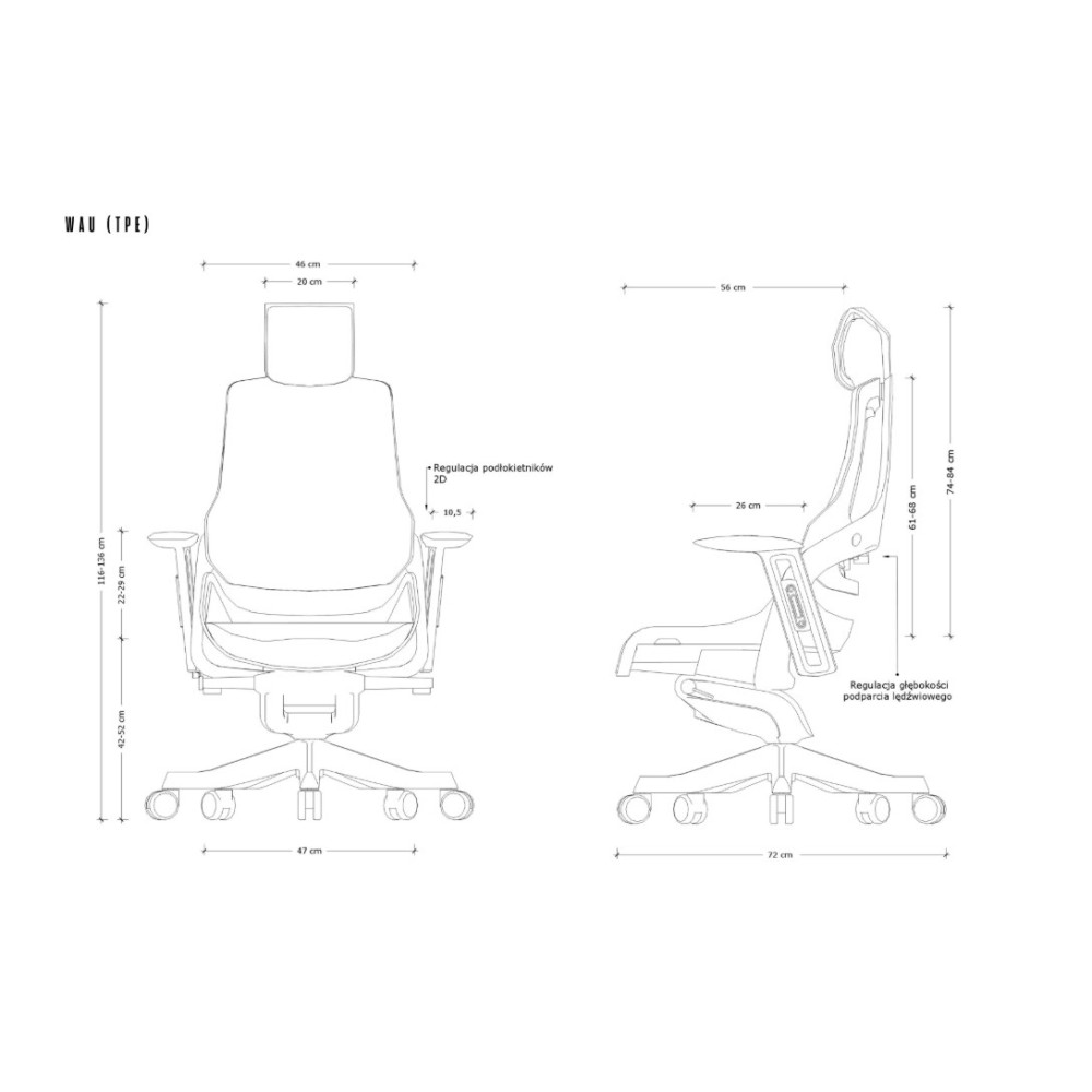 Rysunek techniczny ergonomicznego krzesła biurowego z wymiarami w centymetrach w widoku z przodu i z boku.