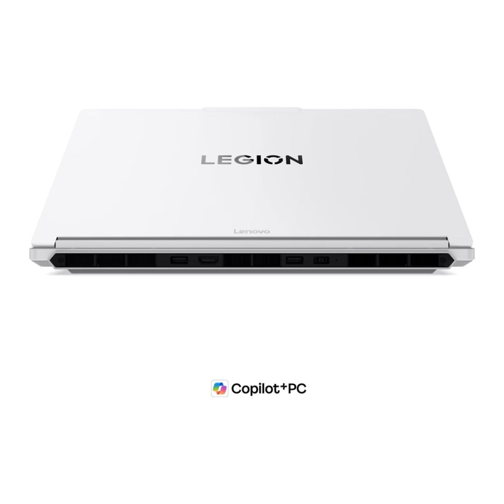 Widok z tyłu zamkniętego białego laptopa Lenovo Legion z portami i logo Copilot+PC.