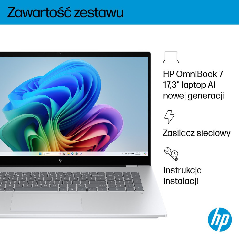 Laptop HP z kolorową tapetą oraz lista zawartości zestawu obejmująca laptopa, zasilacz i instrukcję obsługi.