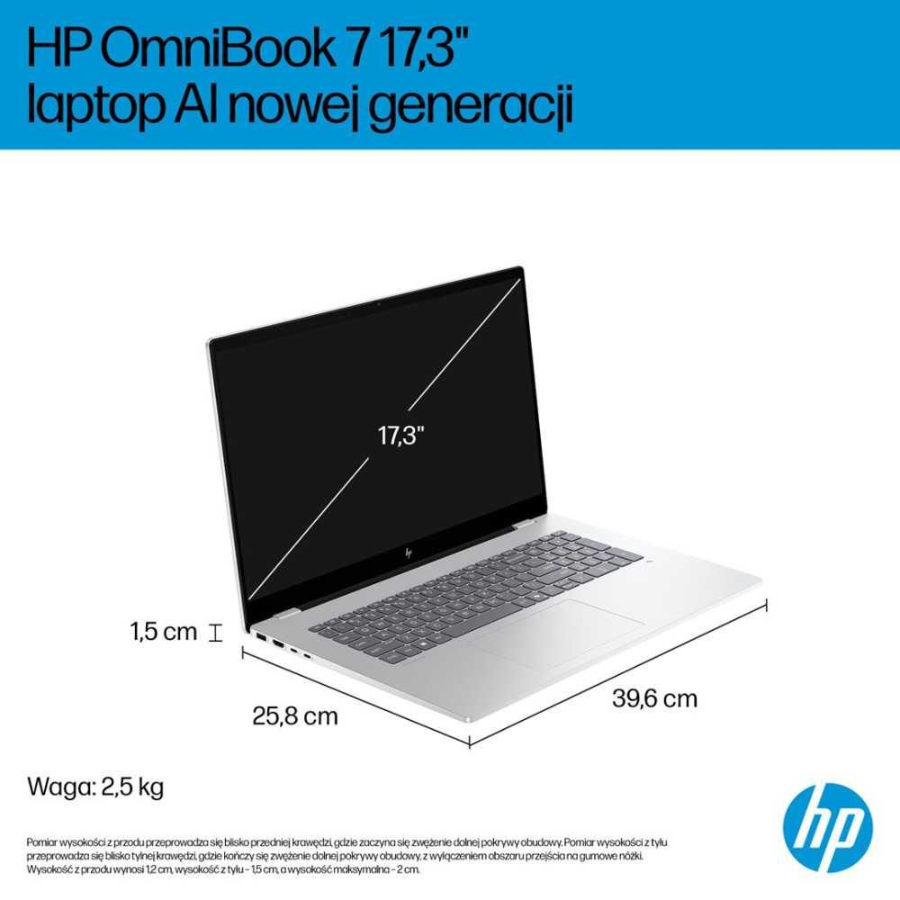 Srebrny laptop HP OmniBook 17,3 cala z wymiarami, wagą 2,5 kg i specyfikacją.