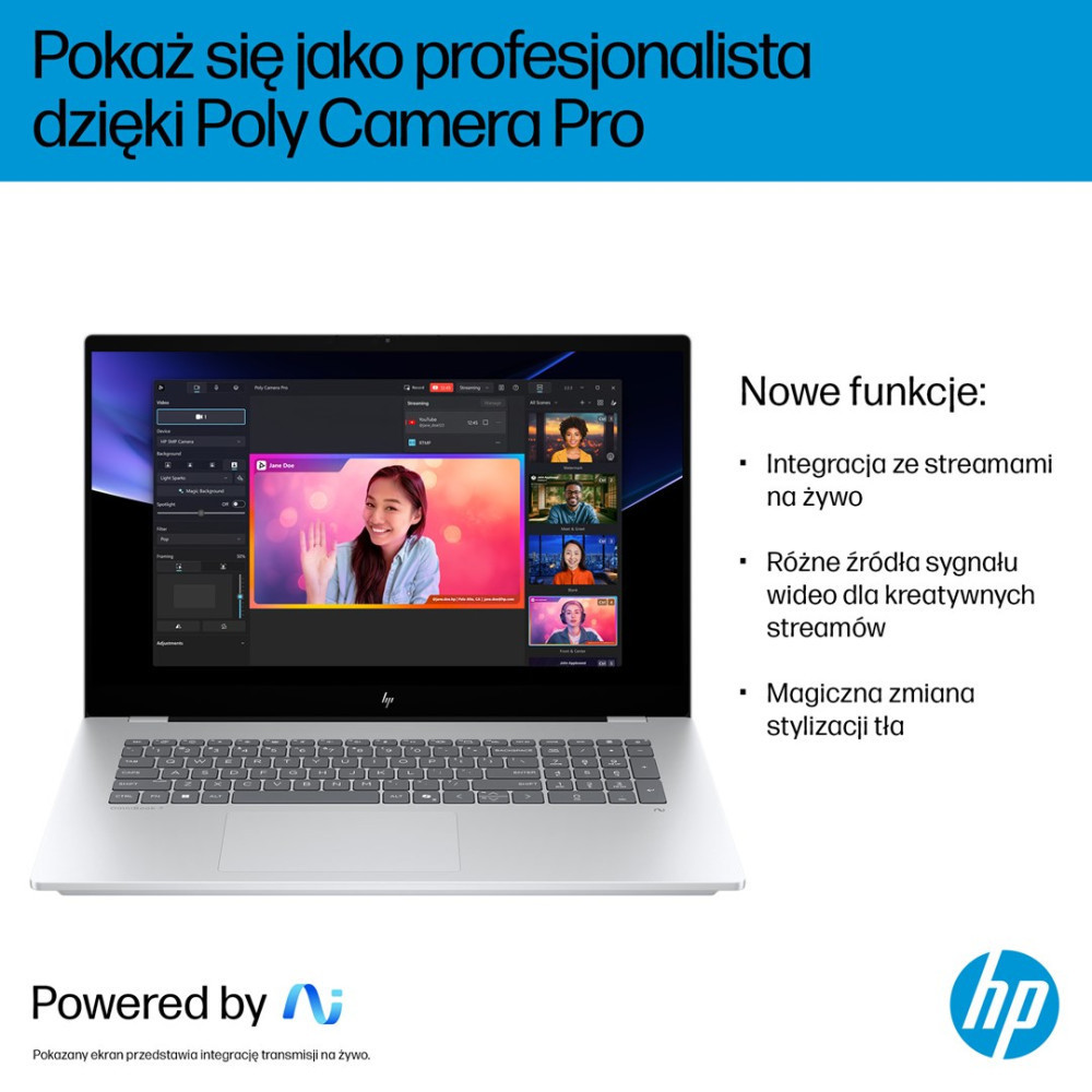 Laptop wyświetla Poly Camera Pro z funkcjami przesyłania strumieniowego i polskim tekstem.
