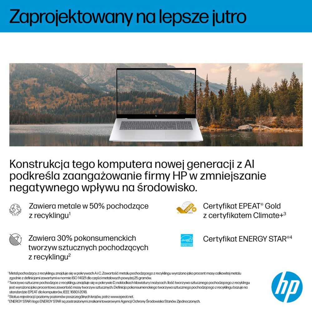 Srebrny laptop na tle gór i jeziora, poniżej tekst oraz certyfikaty środowiskowe.