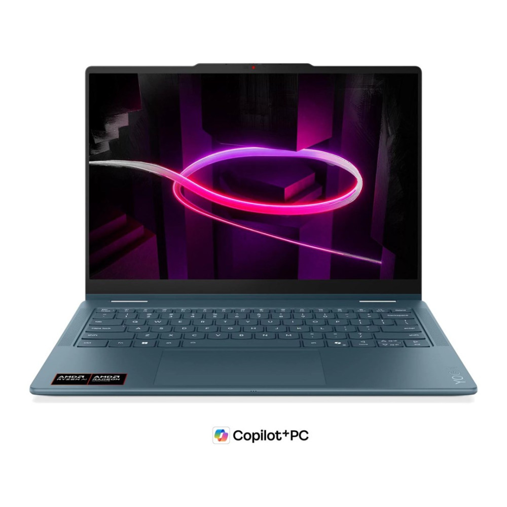 Niebieski laptop z otwartym ekranem przedstawiającym fioletowy motyw abstrakcyjny. U dołu napisy Copilot+PC.
