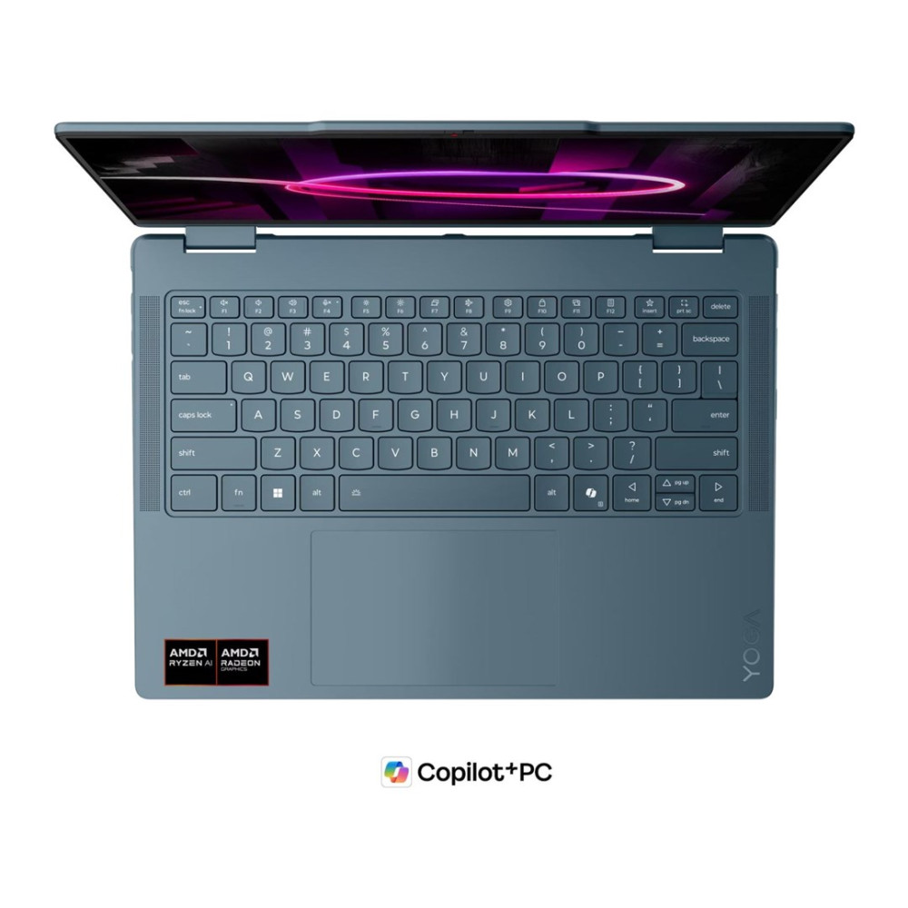 Widok z góry na niebieski laptop z otwartym ekranem, klawiaturą, gładzikiem i naklejką AMD Ryzen AI.