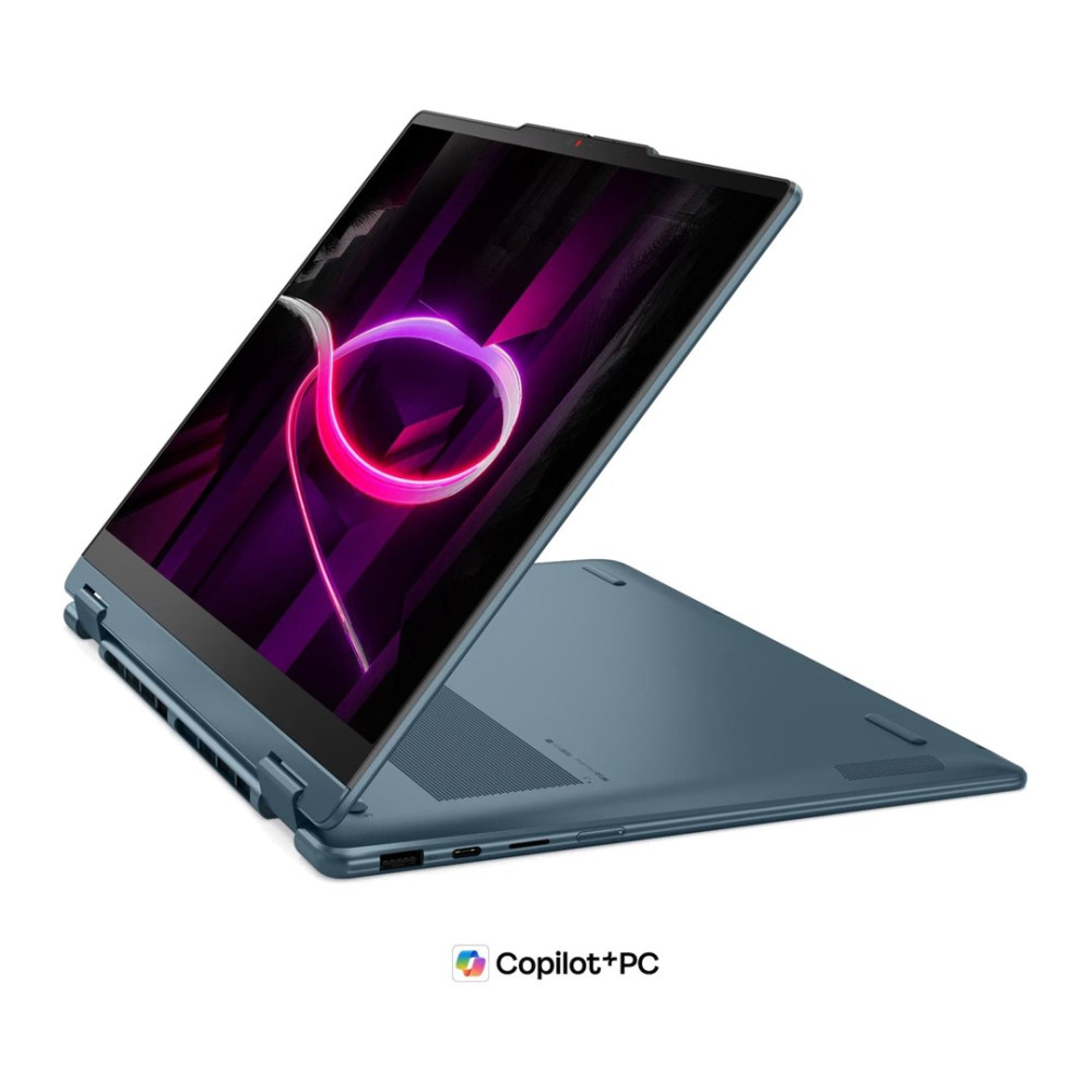 Niebieski laptop konwertowalny jest otwarty na białym tle, wyświetlając żywą różowo-fioletową tapetę.