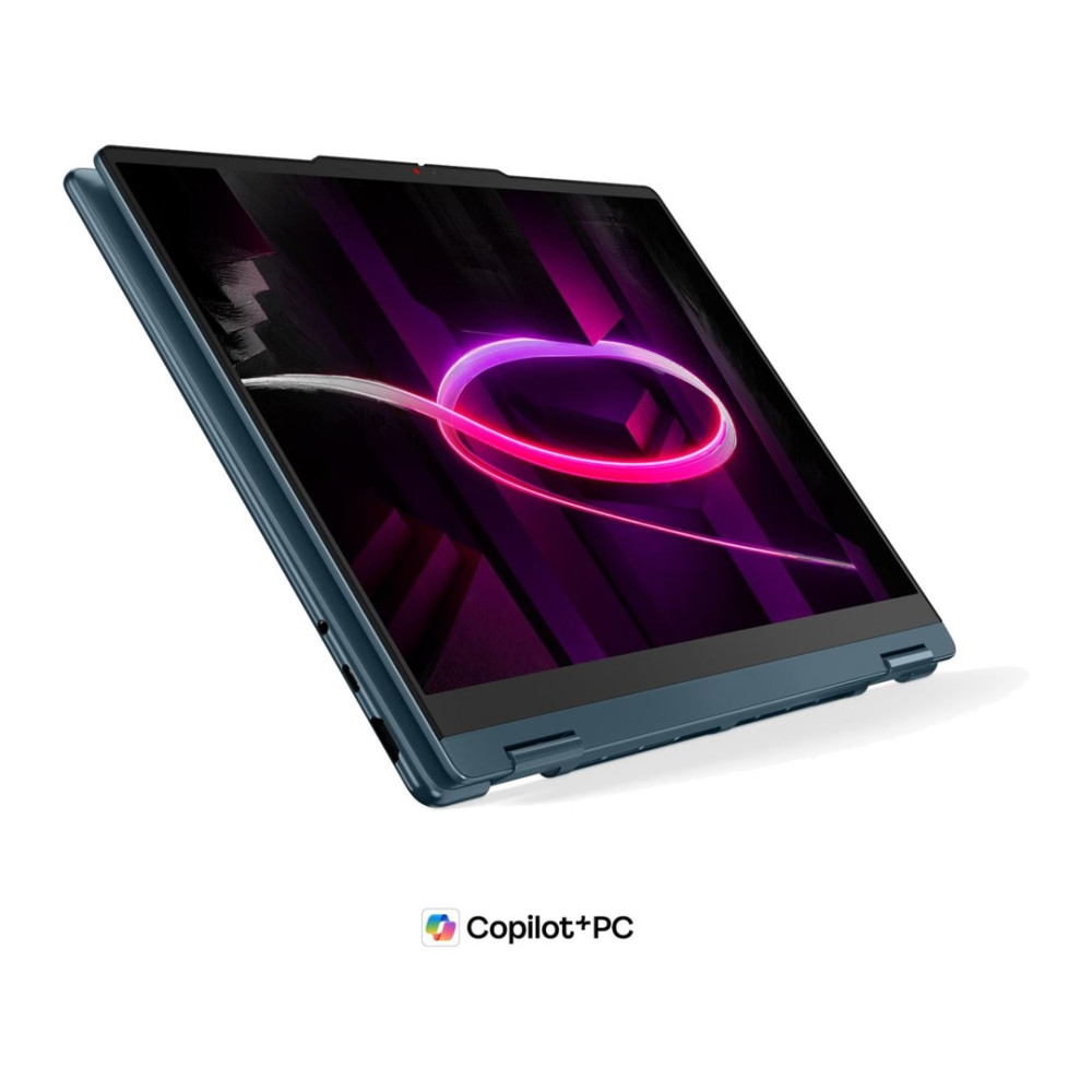 Niebieski laptop wyświetla świecącą różową grafikę, z logo Copilot+PC poniżej.