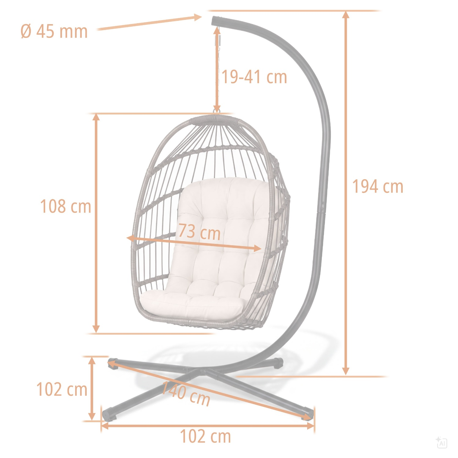 Diagram fotela wiszącego na stelażu z wymiarami w centymetrach i milimetrach.