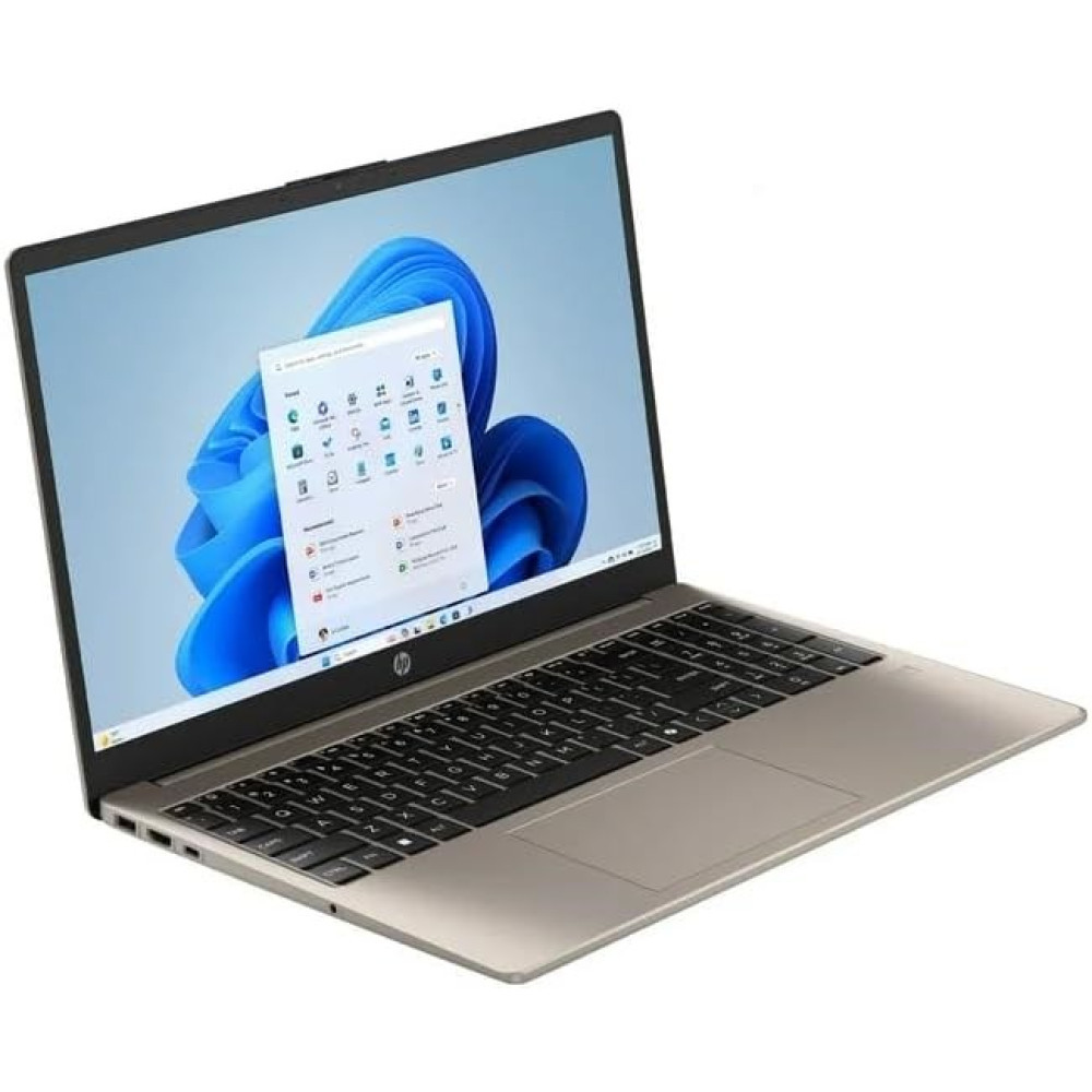 Srebrny laptop z czarną klawiaturą i niebieską tapetą na ekranie.