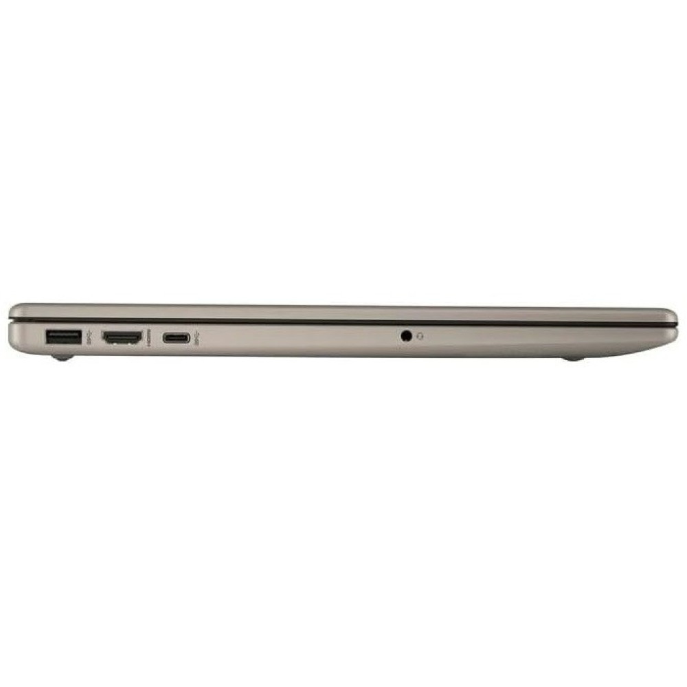 Profil boczny zamkniętego srebrnego laptopa z portami USB, HDMI i audio.