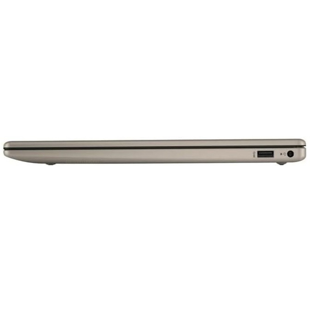 Widok z boku zamkniętego srebrnego laptopa z portem USB i gniazdem zasilania.