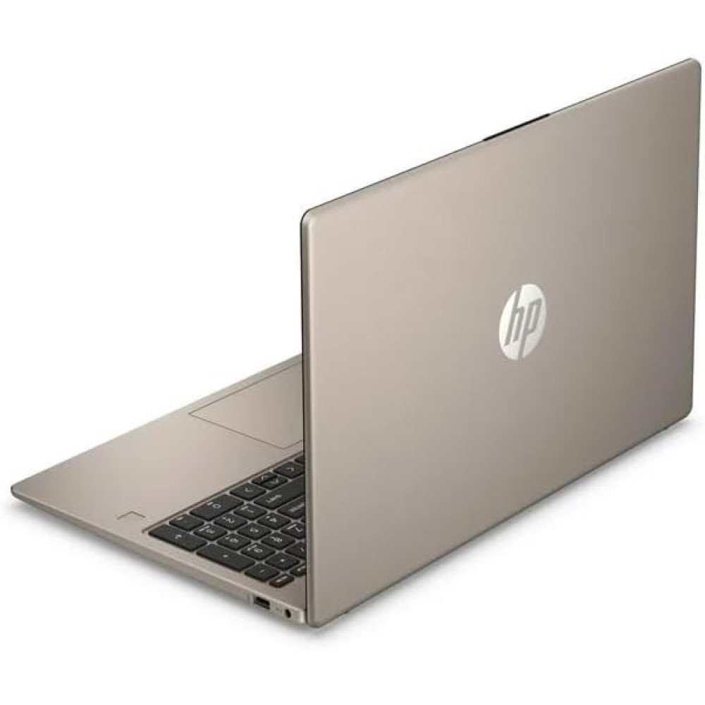 Srebrny laptop HP otwarty na białym tle, widok od tyłu.