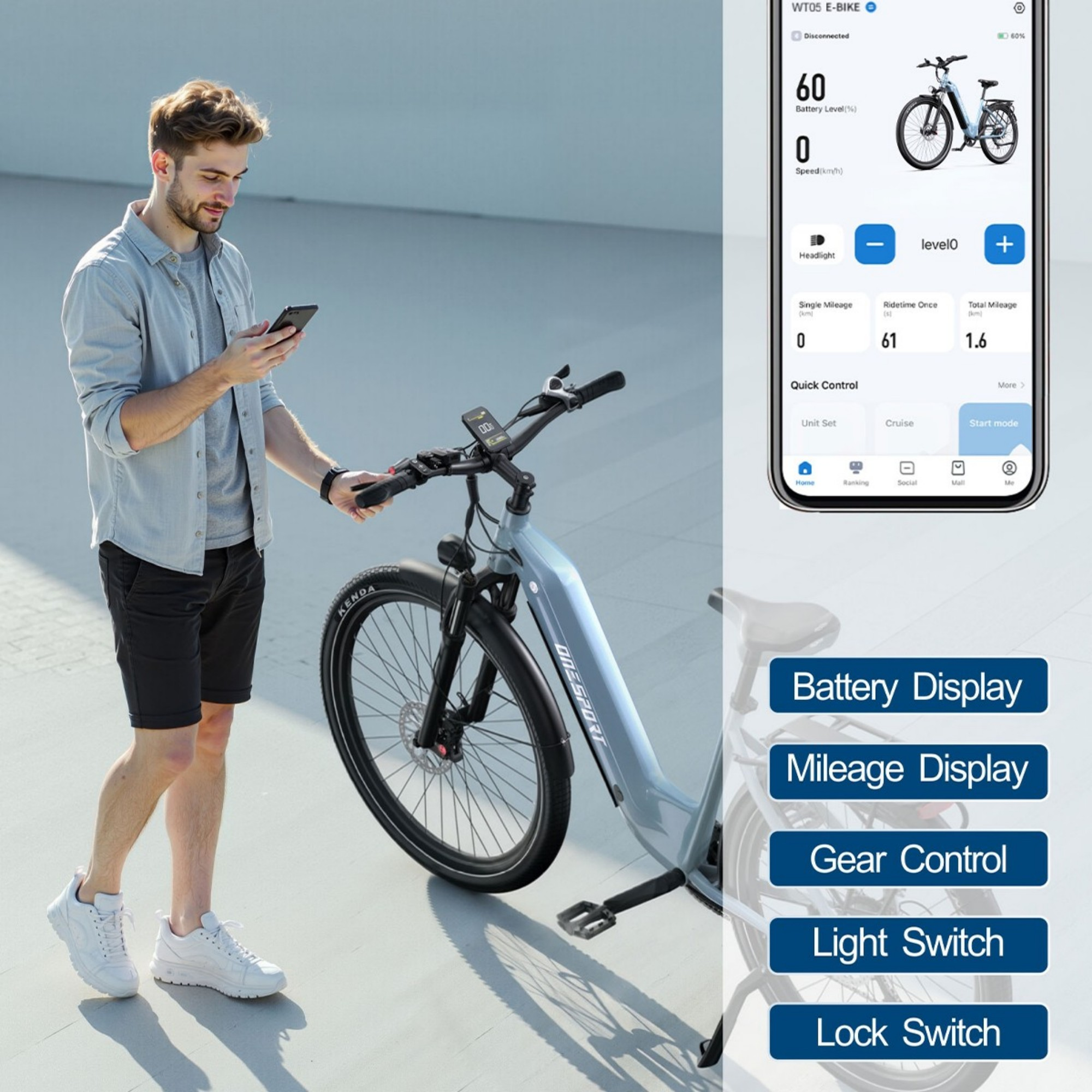 Mężczyzna stoi obok szarego roweru elektrycznego, korzystając z aplikacji w telefonie.