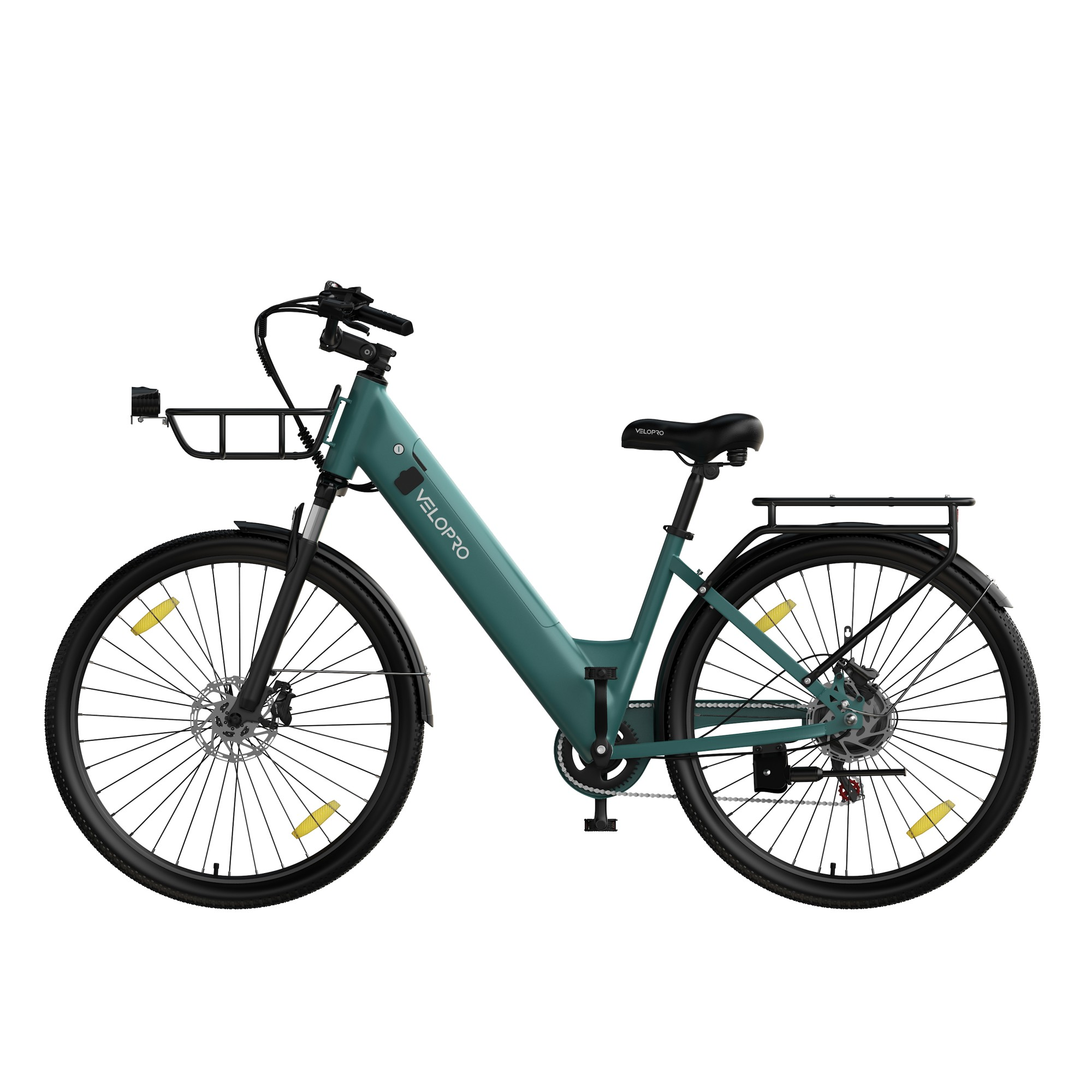 Turkusowy rower elektryczny Velopro z przednim koszykiem, tylnym bagażnikiem i czarnymi błotnikami.