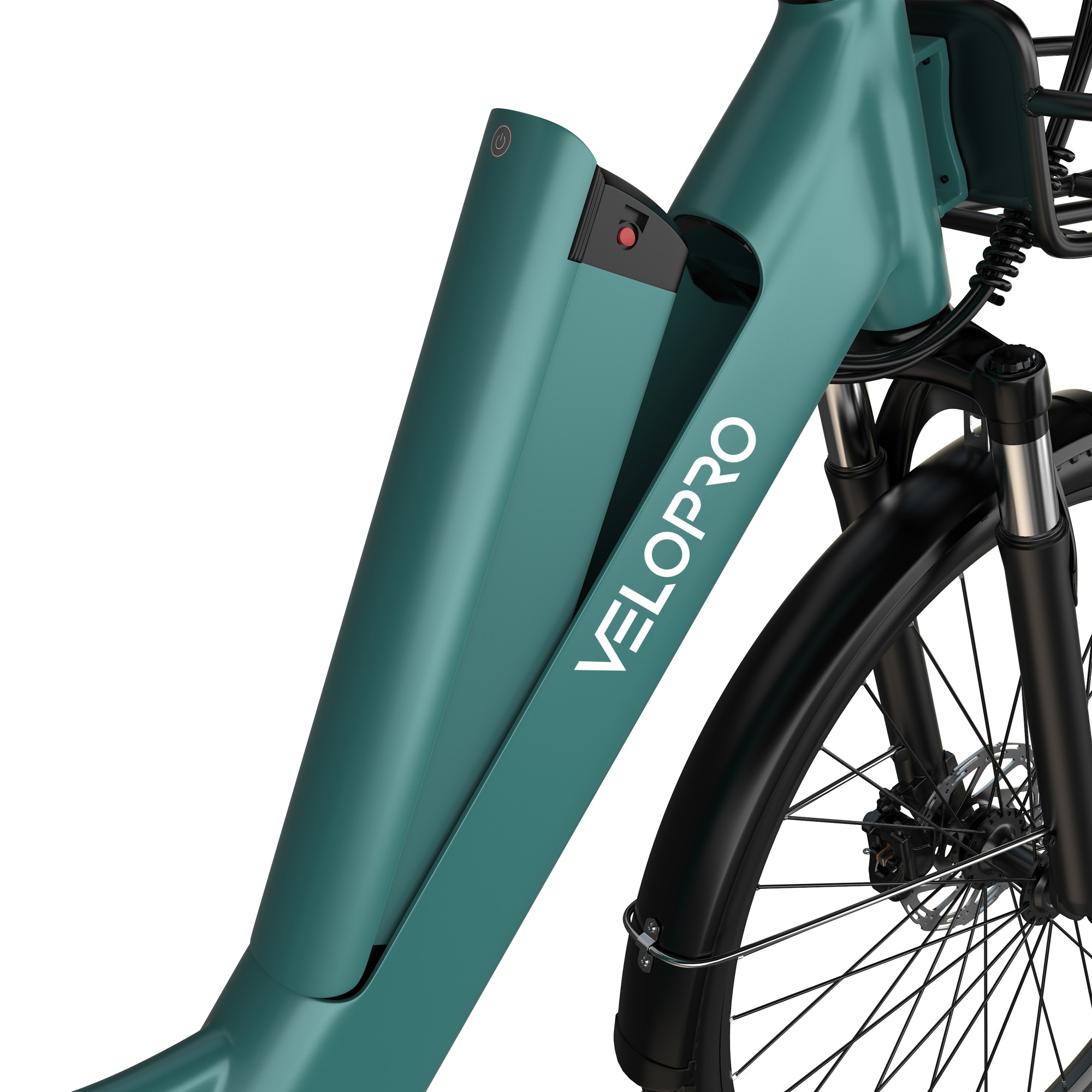 Zielony rower elektryczny Velopro z półzintegrowaną baterią w ramie, widelcem i czarnym błotnikiem.
