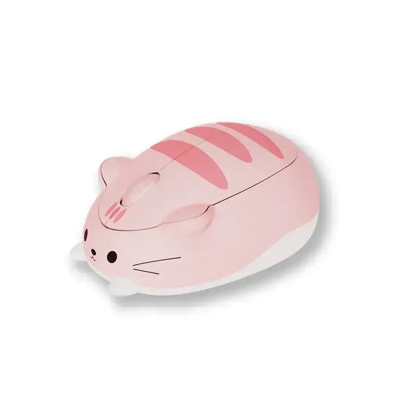 Beyaz patileri, bıyıkları ve sırtında koyu çizgiler olan sevimli kedi şeklinde pembe bilgisayar faresi.