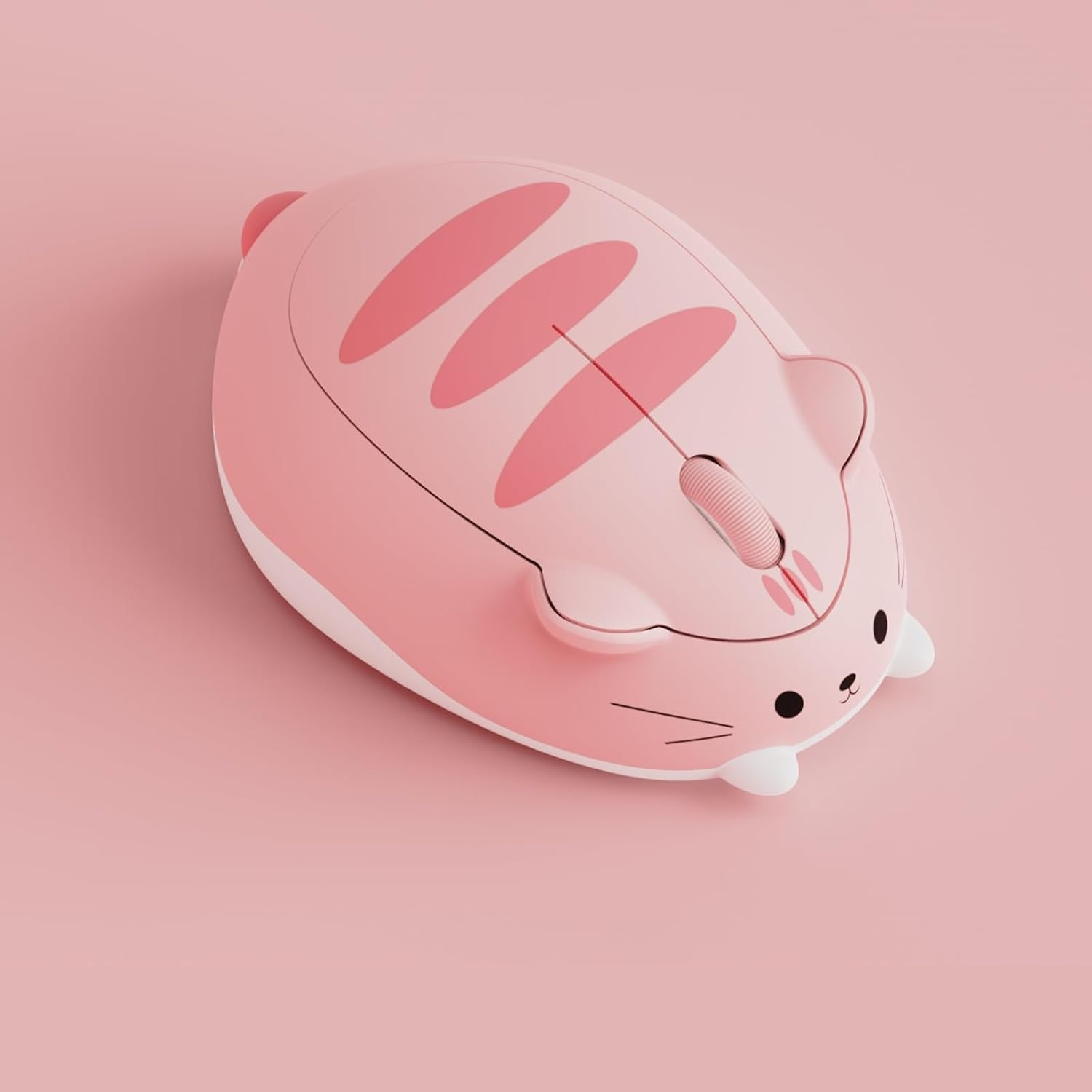 Pembe bir yüzey üzerinde çizgili ve kulaklı pembe kedi temalı bilgisayar faresi.
