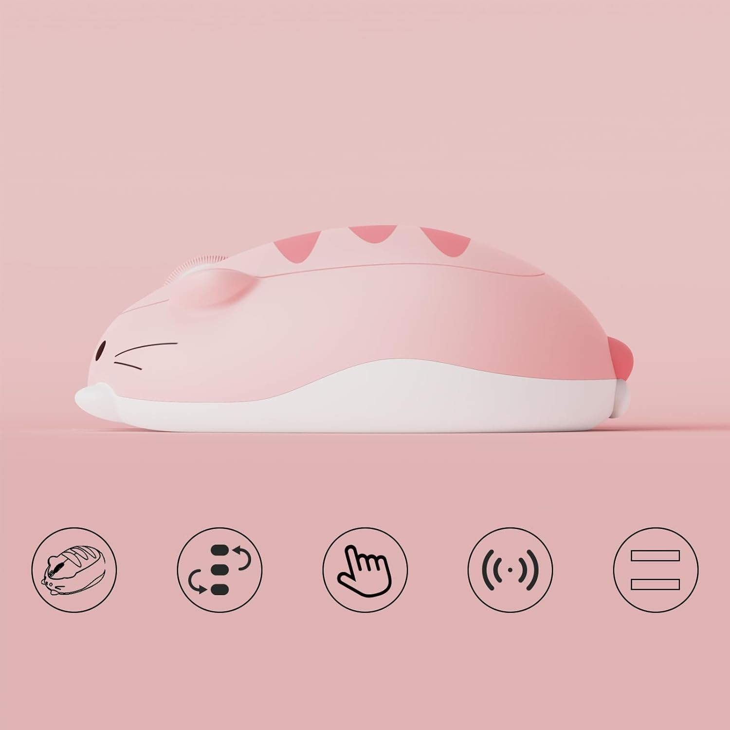 Pembe arka planda hamster şeklinde pembe kablosuz fare ve altında beş özellik simgesi.