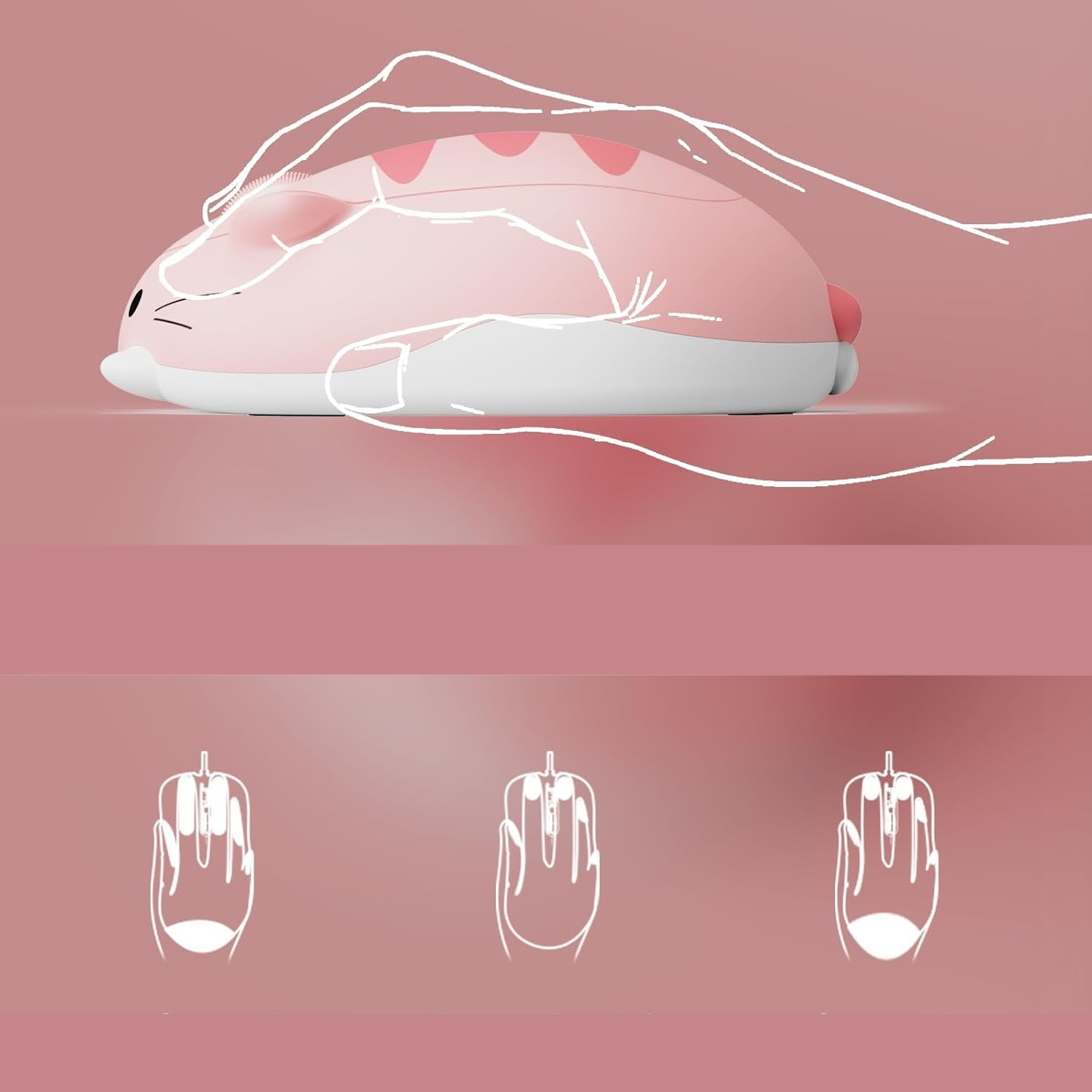 Bir el, sevimli pembe bilgisayar faresinin ergonomik tutuşunu gösteriyor.