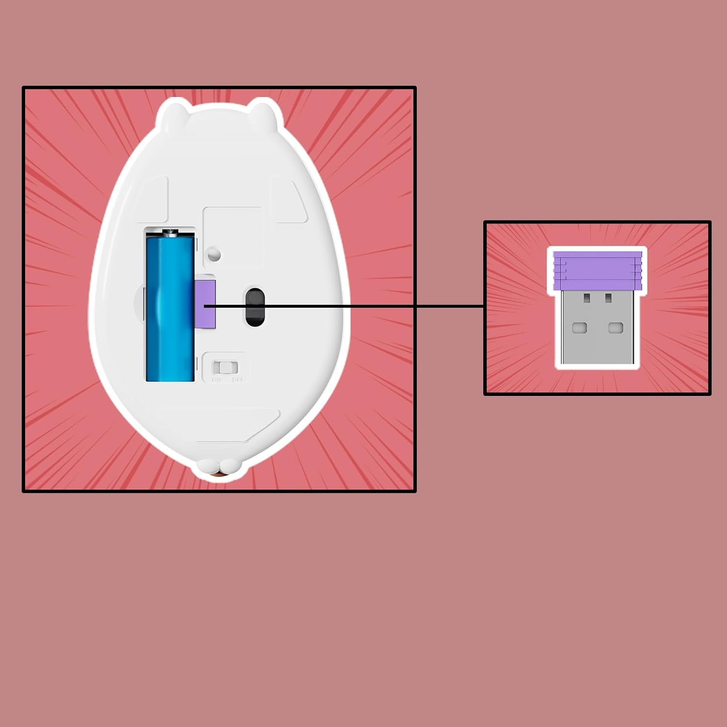 Mavi pil, açma kapama düğmesi ve bağlı bir USB alıcısı gösteren beyaz bir bilgisayar faresinin alt kısmı.