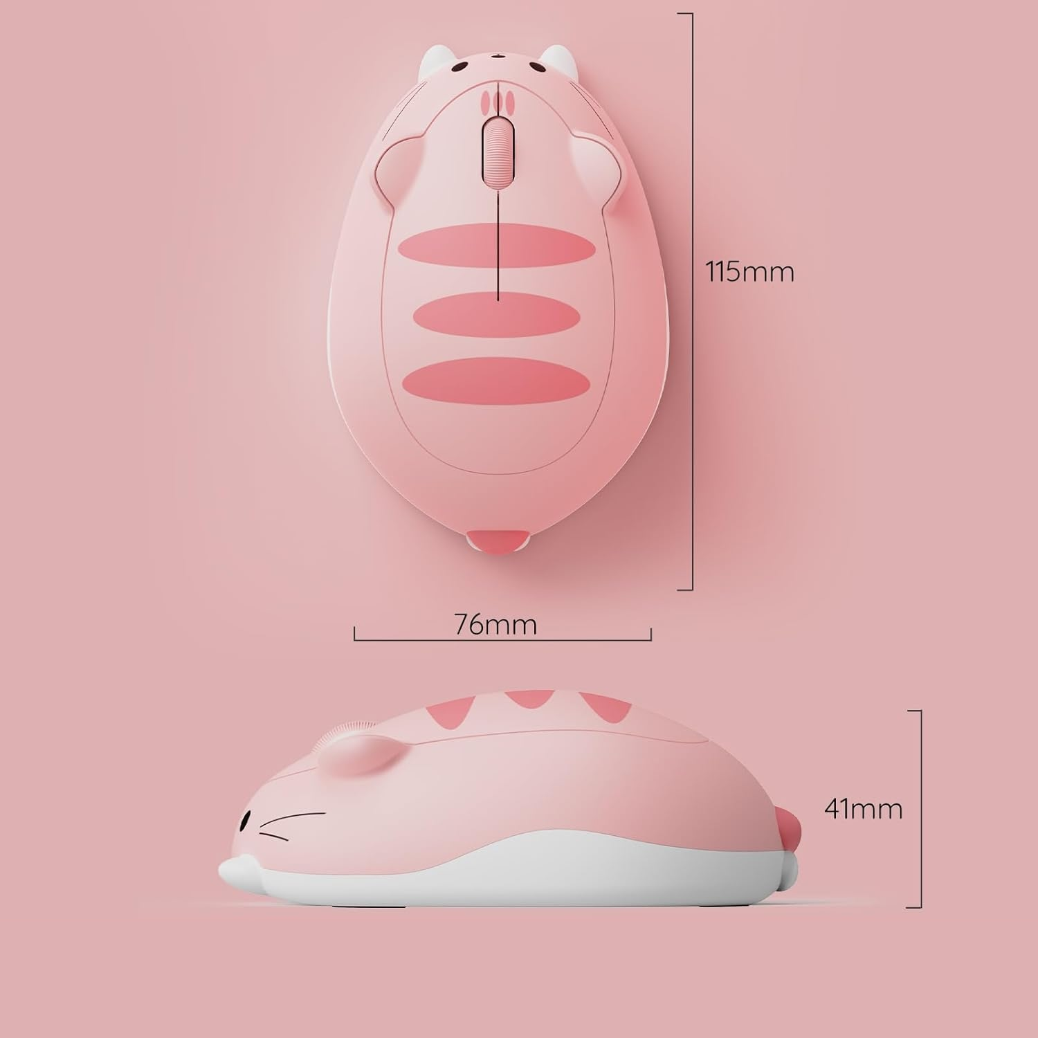 Pembe arka planda 115mm uzunluk, 76mm genişlik ve 41mm yükseklik ölçülerine sahip kedi şeklinde pembe bilgisayar faresi.