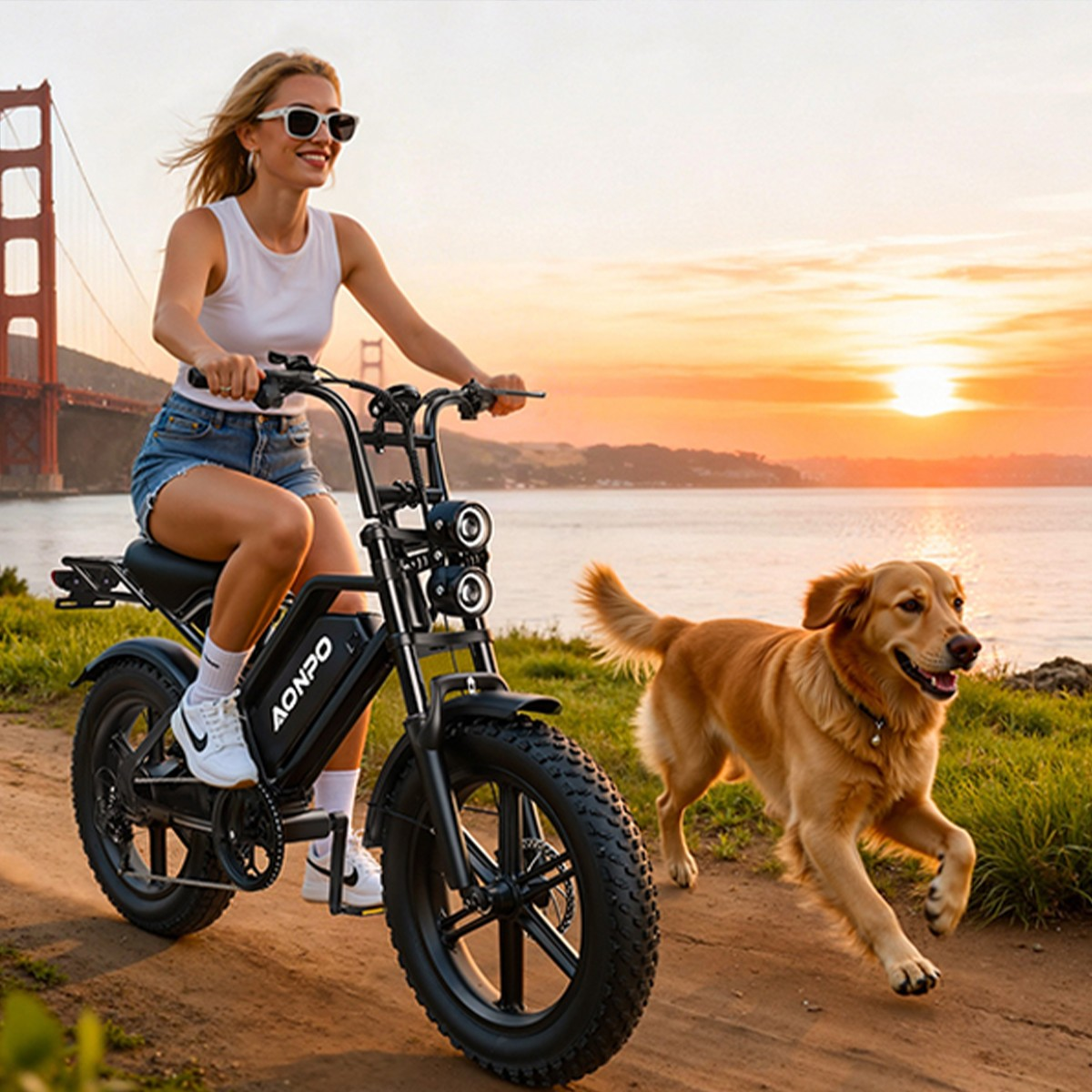 Blond kobieta jedzie na rowerze elektrycznym brzegiem z golden retrieverem, o zachodzie słońca.