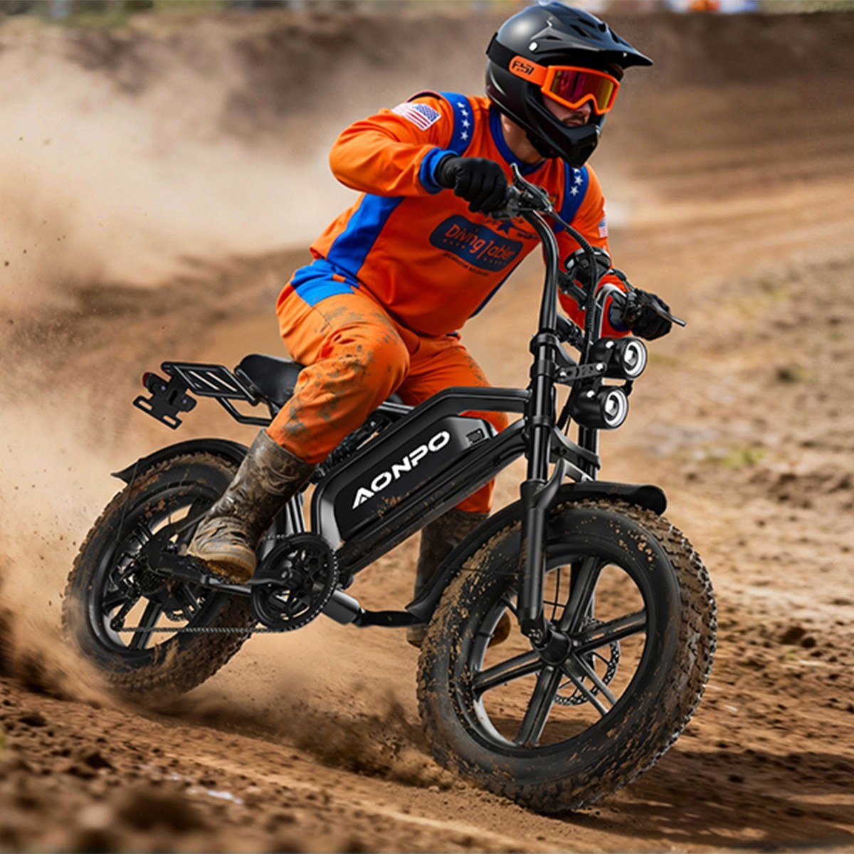 Motocrossowiec w pomarańczowym stroju jedzie na czarnym rowerze elektrycznym po błotnistym torze.