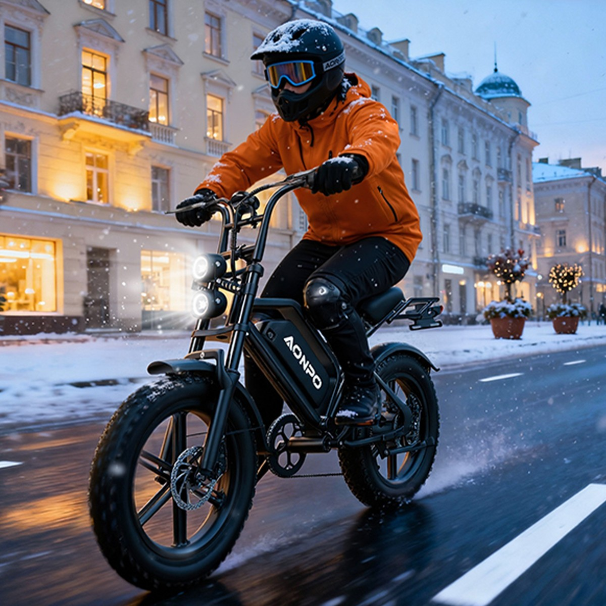 Rowerzysta w pomarańczowej kurtce i kasku jedzie ośnieżoną ulicą miasta zimą.