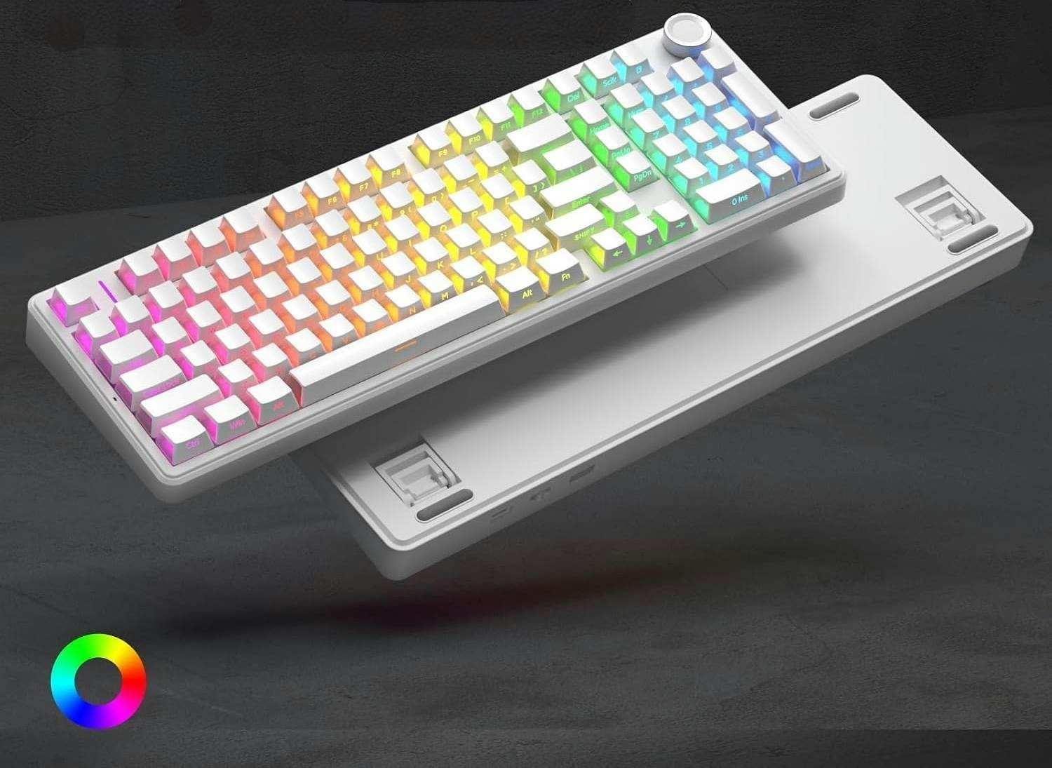 Biała klawiatura mechaniczna z podświetleniem RGB unosi się nad pasującą białą podstawką.