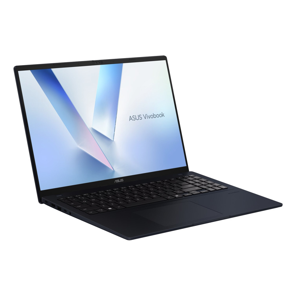 Niebieski laptop ASUS Vivobook na białym tle z podświetlanym ekranem.