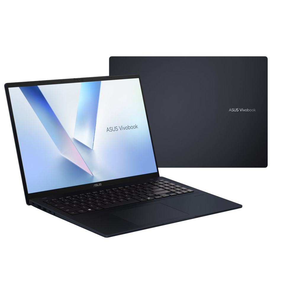 Czarny laptop ASUS Vivobook jest pokazany otwarty z włączonym ekranem oraz widokiem zamknitej klapy.