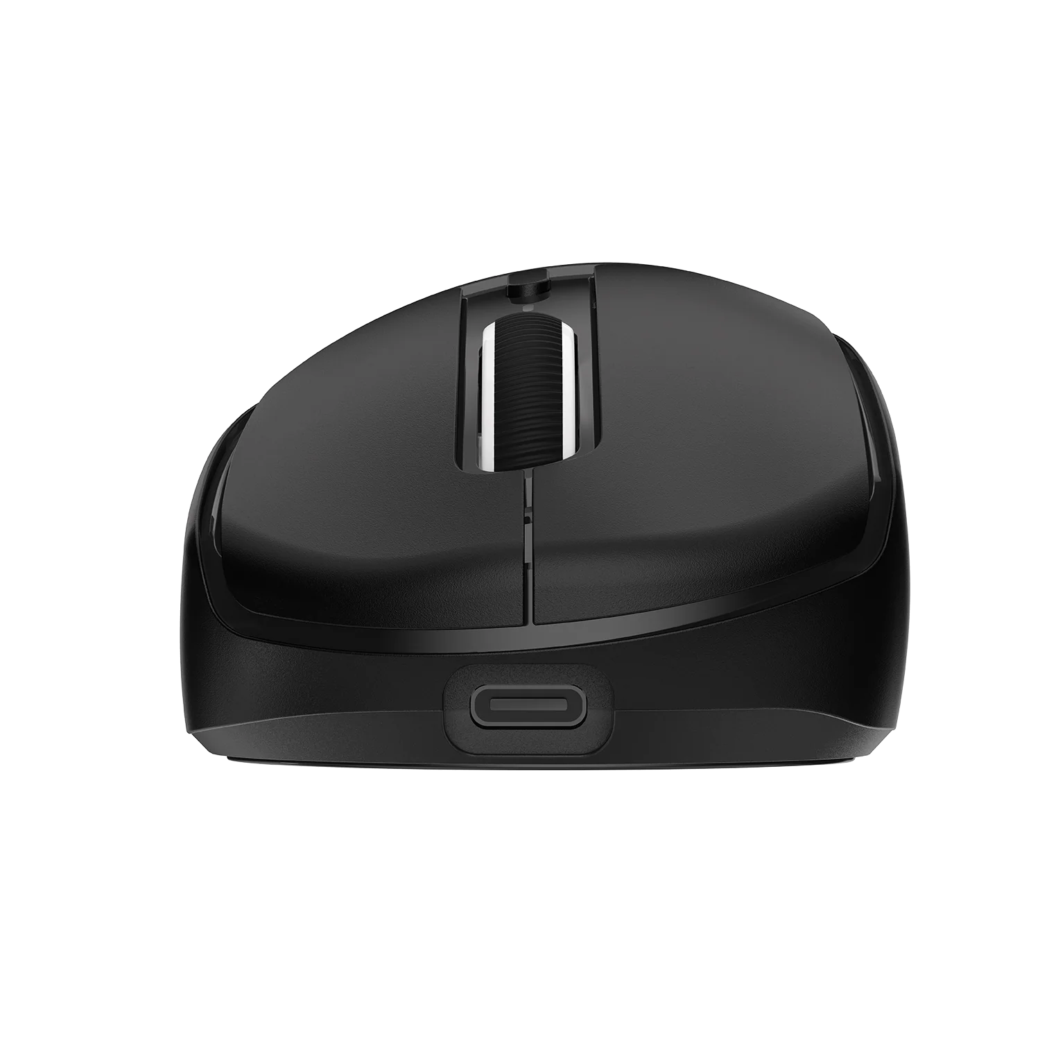 Czarna mysz komputerowa z rolką przewijania i portem USB-C na białym tle.