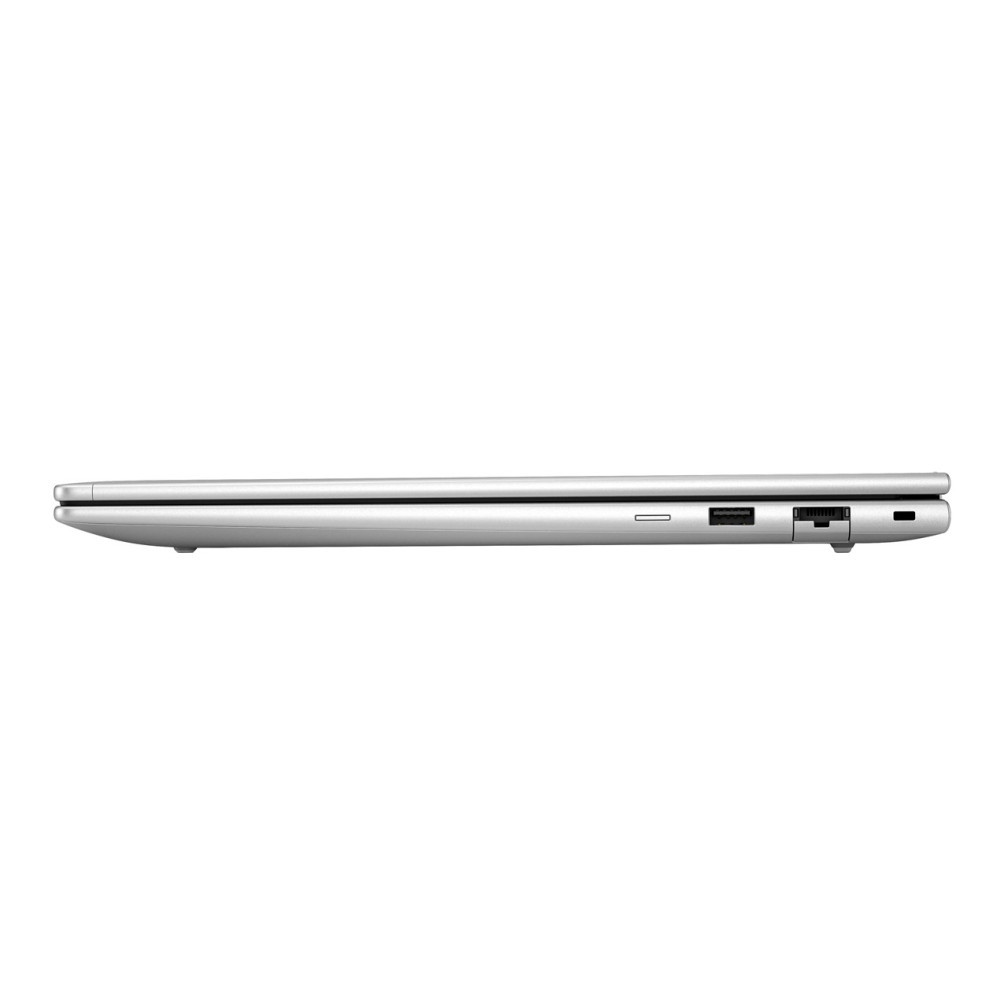 Widok z boku zamkniętego srebrnego laptopa z portem USB i portem Ethernet.
