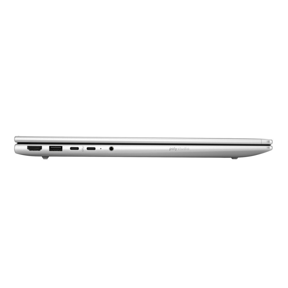 Lewa strona zamkniętego srebrnego laptopa z portami HDMI, USB-C i gniazdem audio.