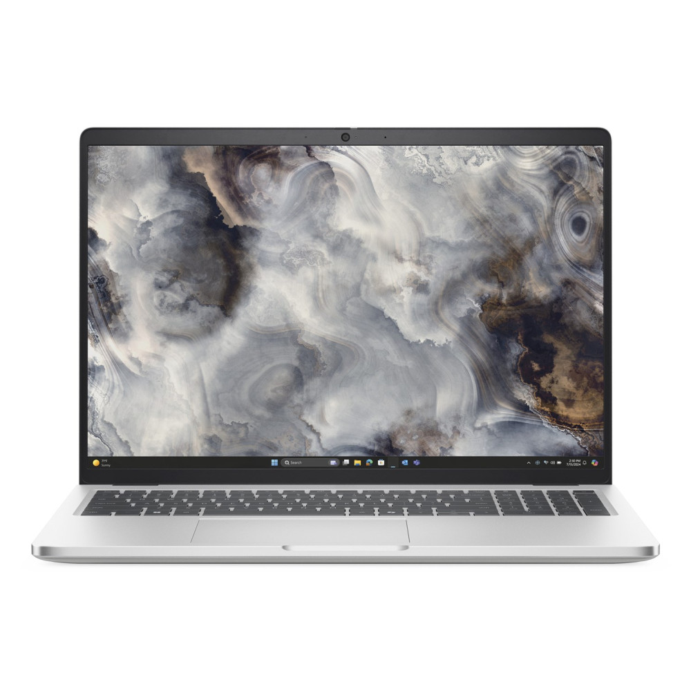 Srebrny laptop wyświetla abstrakcyjną marmurową tapetę, z widoczną klawiaturą i panelem dotykowym.