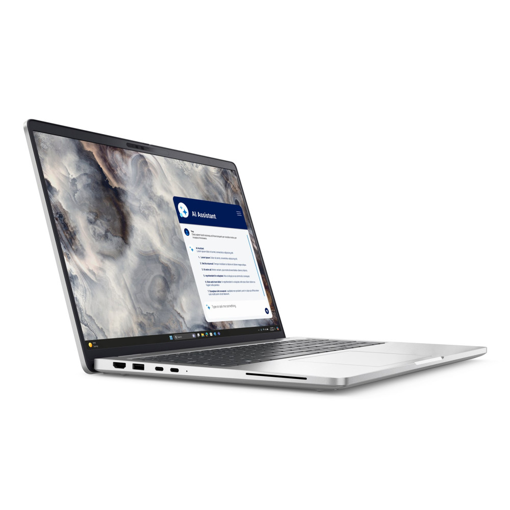 Srebrny laptop z czarną klawiaturą i abstrakcyjną tapetą wyświetla otwartą aplikację asystenta AI.