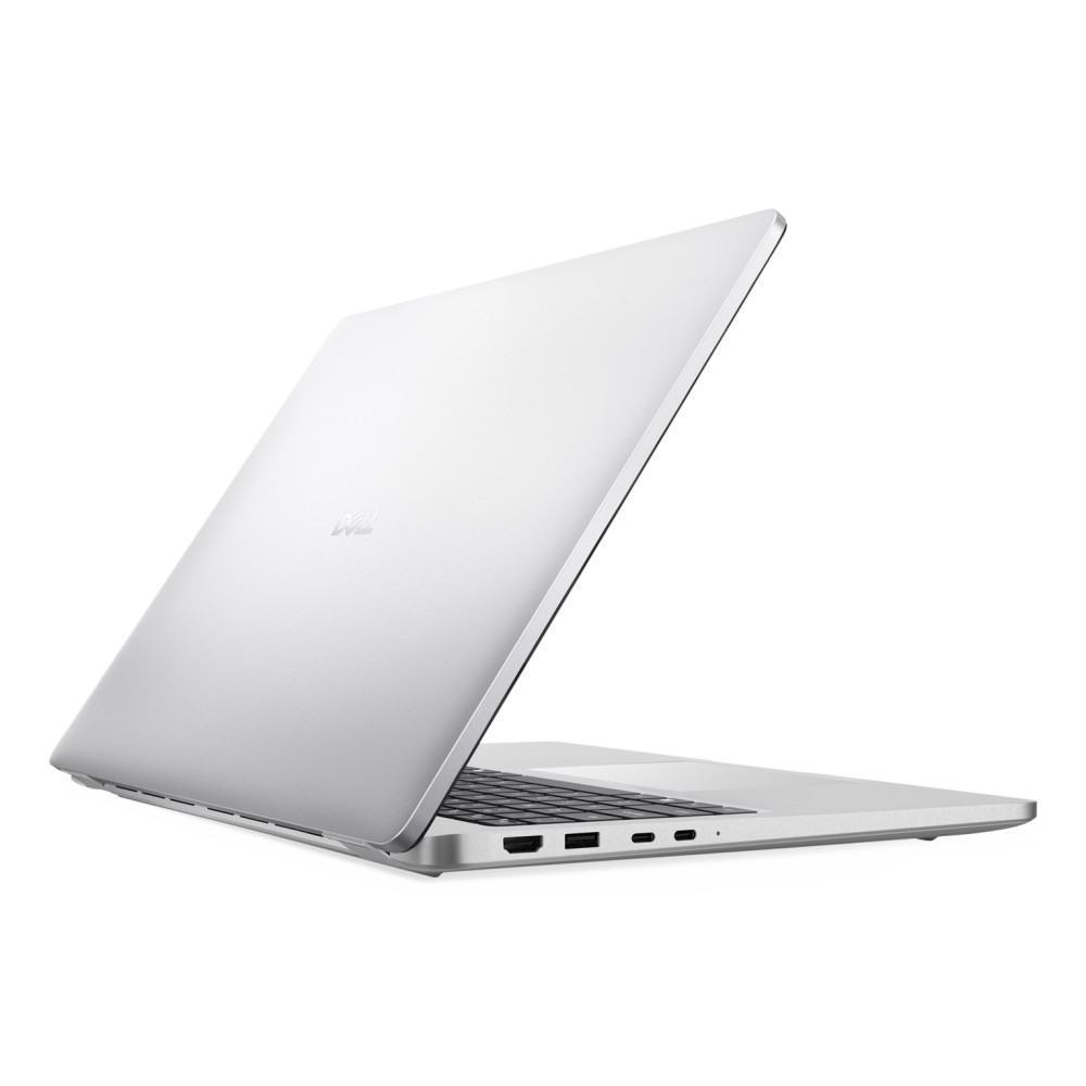 Srebrny laptop stoi otwarto na białej powierzchni, pokazując prawą stronę z portami.