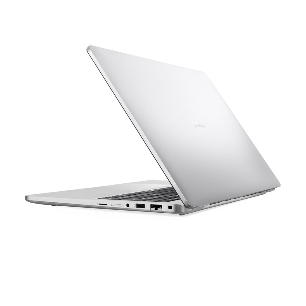 Srebrny laptop Dell na białym tle, pokazujący boczne porty.