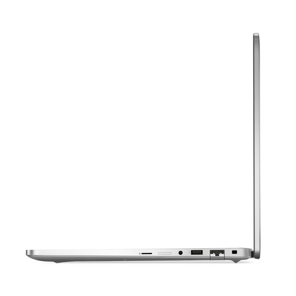 Widok z boku srebrnego laptopa z widocznymi portami i otwartym ekranem.