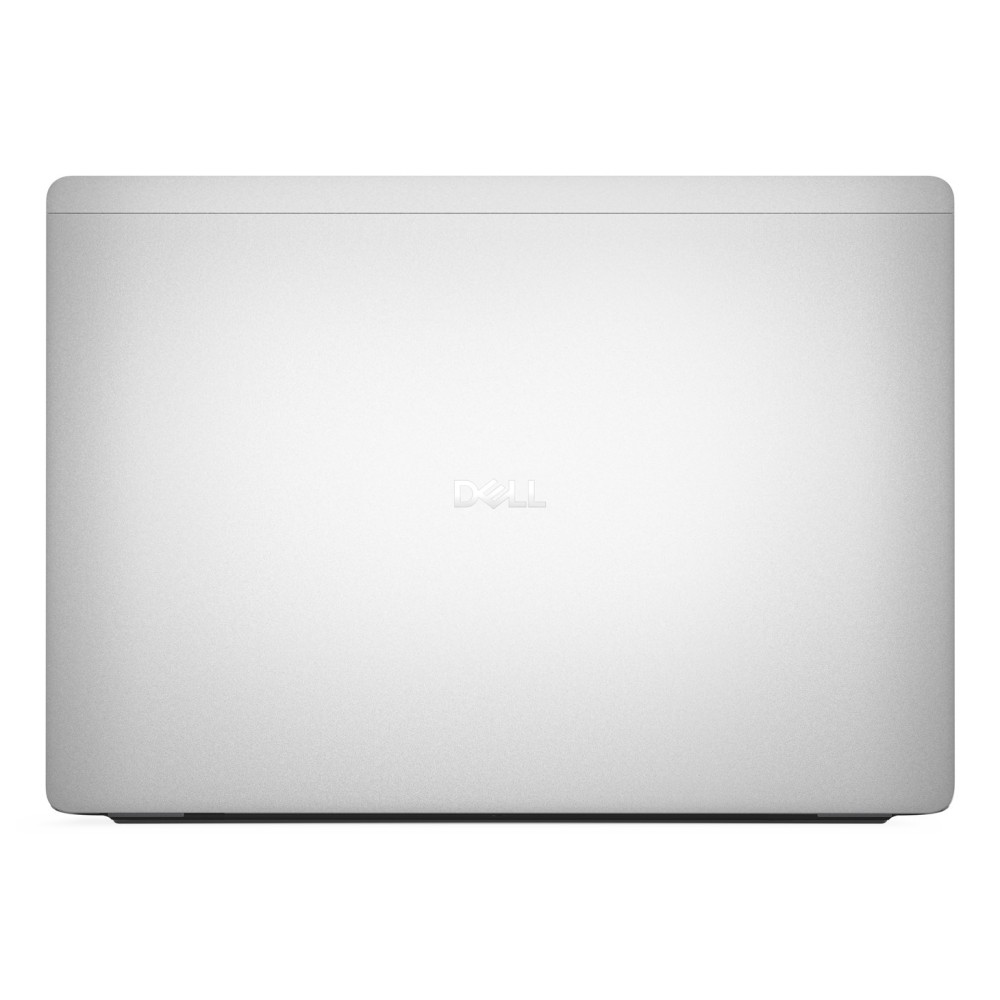 Zamknięta górna pokrywa srebrnego laptopa Dell przedstawia błyszczące logo Dell na środku.
