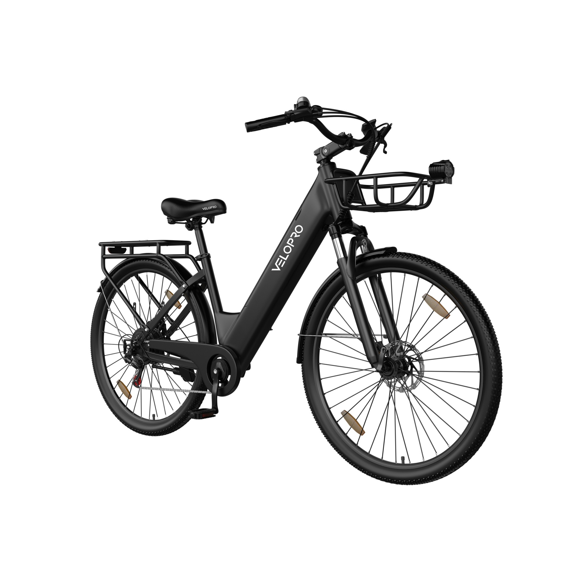 Czarny rower elektryczny Velopro z koszem z przodu i bagażnikiem na białym tle.